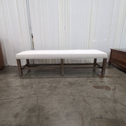 Cream Upholstered Wood Bench with Storage Shelves