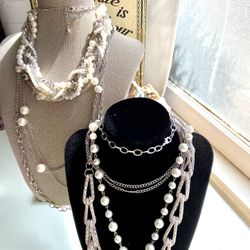 Lot Of Four Silver Tone and Faux Pearl Necklaces