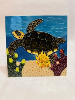 Sea Turtle Swimming in Coral Seaweed Coastal 8”x8” Square Ceramic Tile Scene