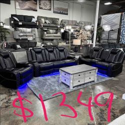 3PC Power recliner sofa set with LED USB wireless charger Black Breathing leather