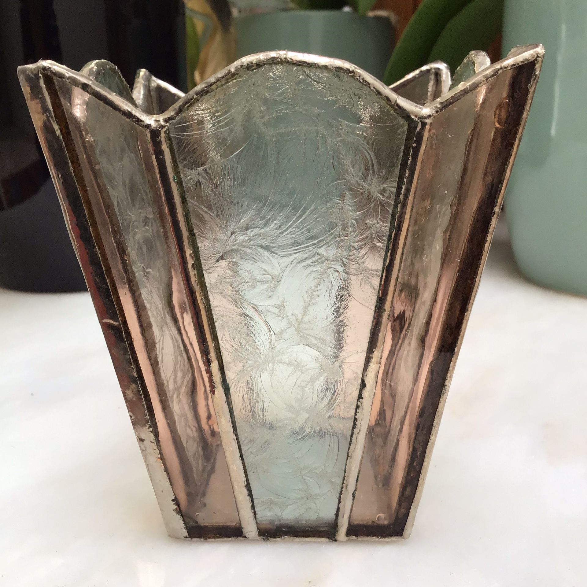 Vintage Clear & Pink Etched Glass Votive Candleholder