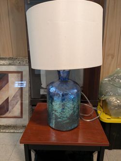 Blue Glass Table Lamp with White Drum Shade