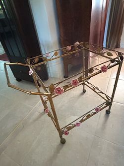 Antique Gold Leaf Tea Cart With Original Ceramic Flowers