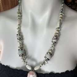 Multicolor Stones, Ceramics & Silver Tone Beaded Necklace 24” Long