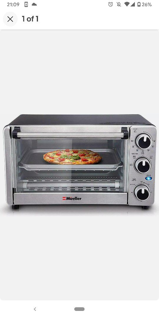 Mueller AeroHeat Convection Toaster Oven, 8 Slice, Broil, Toast, Bake, Stainless Steel Finish, Timer, Auto-Off - Sound Alert, 3 Rack Position, Removab