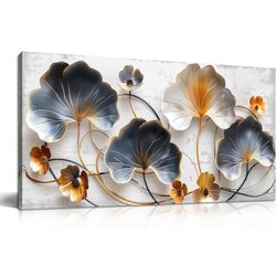 Lotus Leaf Wall Art for Bedroom, Blue and White Leaves Canvas Wall Decor for Living Room, Picture Print Artwork for Office, Size 40 x 20 Inches