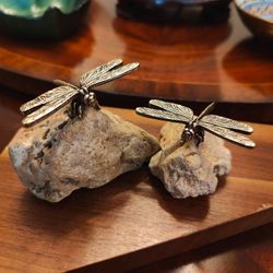 Pair of Metal Dragonfly Figurines on Natural Stone Bases