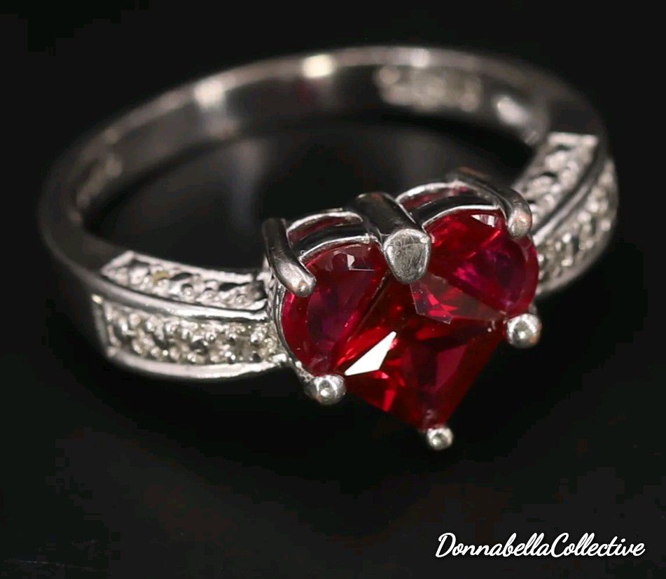 Sterling Silver Designer Diamond Ruby Heart Ring Size 6.5