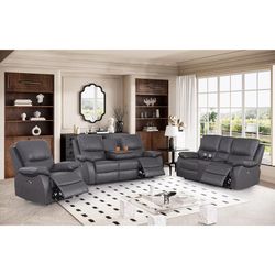 Genuine Leather Powered Recliner (Set Of 3pc), Chair + Loveseat Sofa + 3-Seater Couch