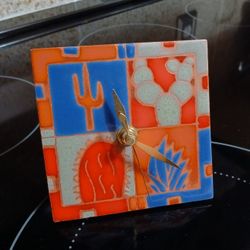 Ceramic Tile Table Clock ~ Southwestern ~ Cactus 