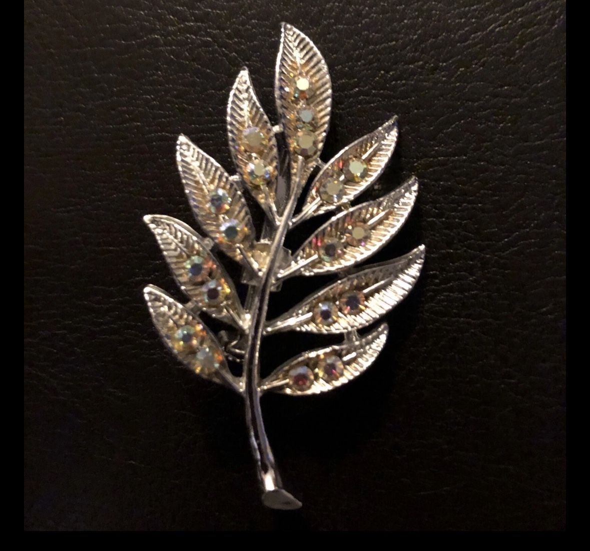 Autumn Leaf Brooch lapel Breast Pin 2.25” Aurora Borealis Rhinestones Silver tone Vtg 1980’s