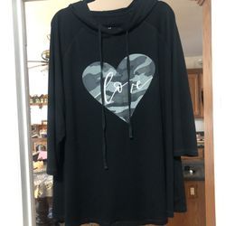 Women’s Size 26 / 28 Hooded Tunic Length 3/4 Length sleeves.  Color Black the front has a heart says “Love”.  Brand New Never Worn 