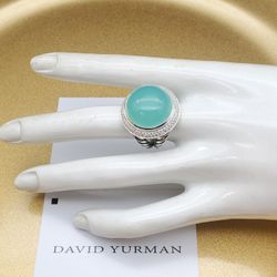 David Yurman Sterling Silver with Green Chalcedony and diamonds Cerice ring sz 7