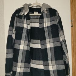 American Eagle Hooded Flannel Sz L Detachable Hood Shacket Plaid Button Up Mens