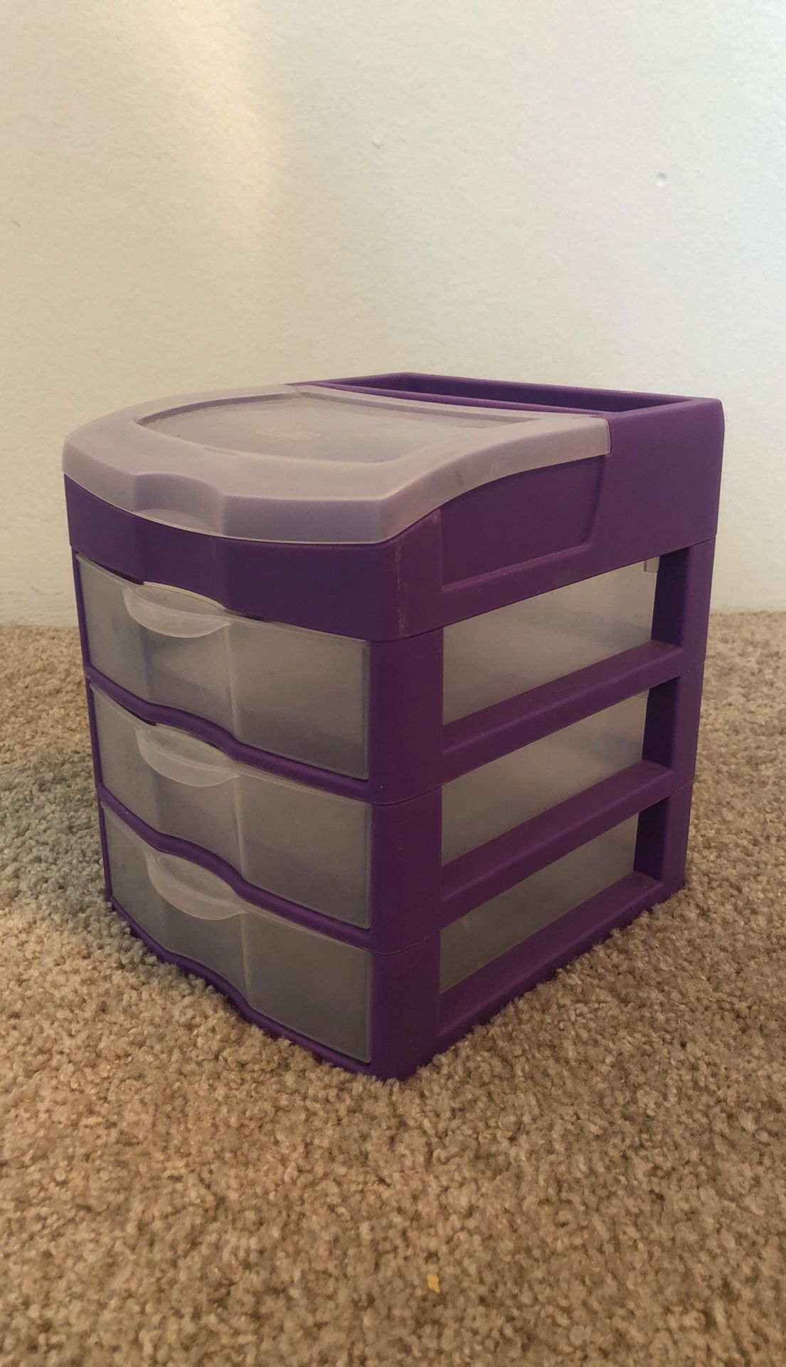 mini plastic storage drawers - small, purple, desk-sized
