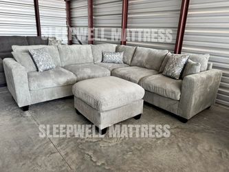 Gray Corduroy Sectional Sofa with Ottoman