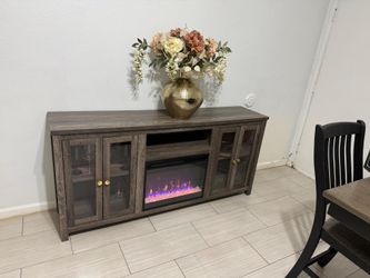 Pemberly Row 70" Gray Walnut LED Fireplace TV Console with Heater and Shelves