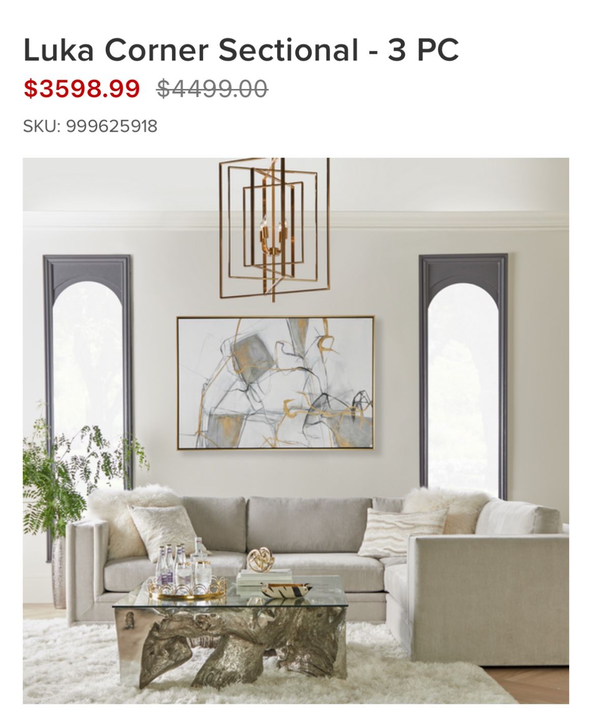 MOVING!!! Z Gallery Lightly Used Luka Corner Sectional - 3 PC- Price Negotiable
