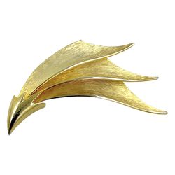 1980s JJ Jonette Jewelry Brooch Pin, Gold Plated, Modernist Abstract Design, Flame Feather Shape, 80s Statement Jewelry 