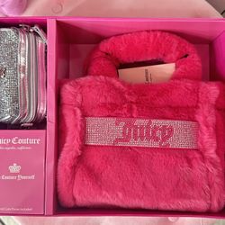 Juicy Couture Free Love Pink Fur Purse Mini Tote and Barrel Coin Purse Gift Set