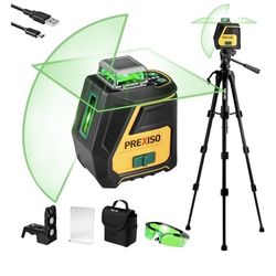 PREXISO 360 Laser Level with Tripod - IP54 Rechargeable Wide Angle Vertical Line Laser, 100Ft Green 3 Brightness Adjustment Self Leveling Cross Line f