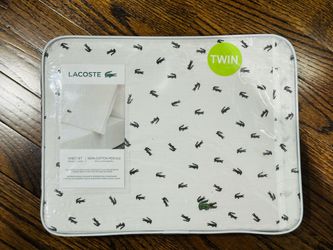 Lacoste 100% Cotton Percale Twin Diagonal Crocs Sheet Set White/Steel Blue NEW