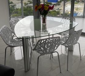 Glass Table for 6 with 6 white modern chairs