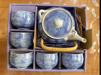 Blue Floral Ceramic Tea Set with Cups