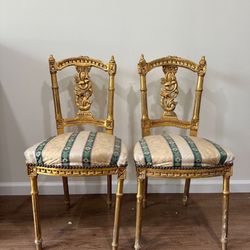 Set of 2 Empire Style Gold Leafed Carved Chaira with Upholstered Seats