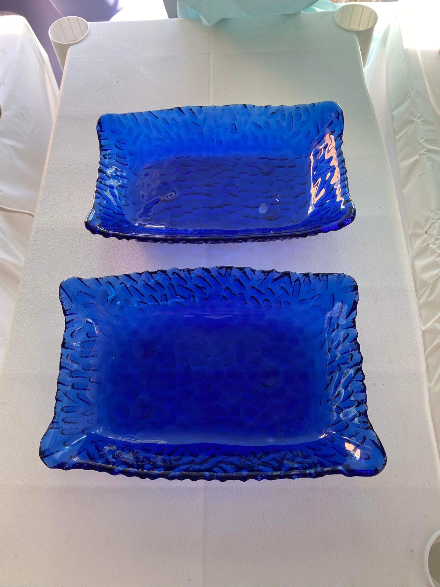 Vintage Rectangular Cobalt Blue Textured Glass Candy/Trinket Dishes Set Of 2