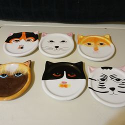 Vintage Ceramic Bandwagon Cat Coaster / Trinket Holder / Tea Bag Holder. Set Of Six