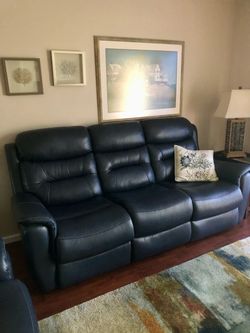 Navy Blue Leather Reclining Sofa and matching Loveseat