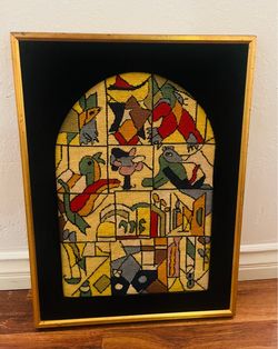 Vintage Mid Century Multicolored Geometric Needlepoint Tapestry, Framed Wall Art Decor
