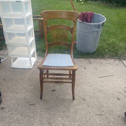 Antique Oak Wooden Ornate Chair with Padded Seat, seat at 18, 17 w, back at 38, $20