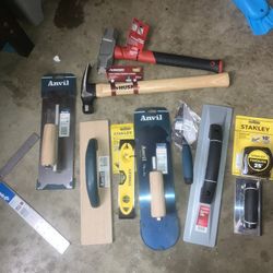CONCRETE TOOLS + HAMMER + 4LB SLEDGE + MEASURING TAPE