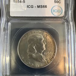 1954-S Franklin Half Dollar graded ICG MS66: 