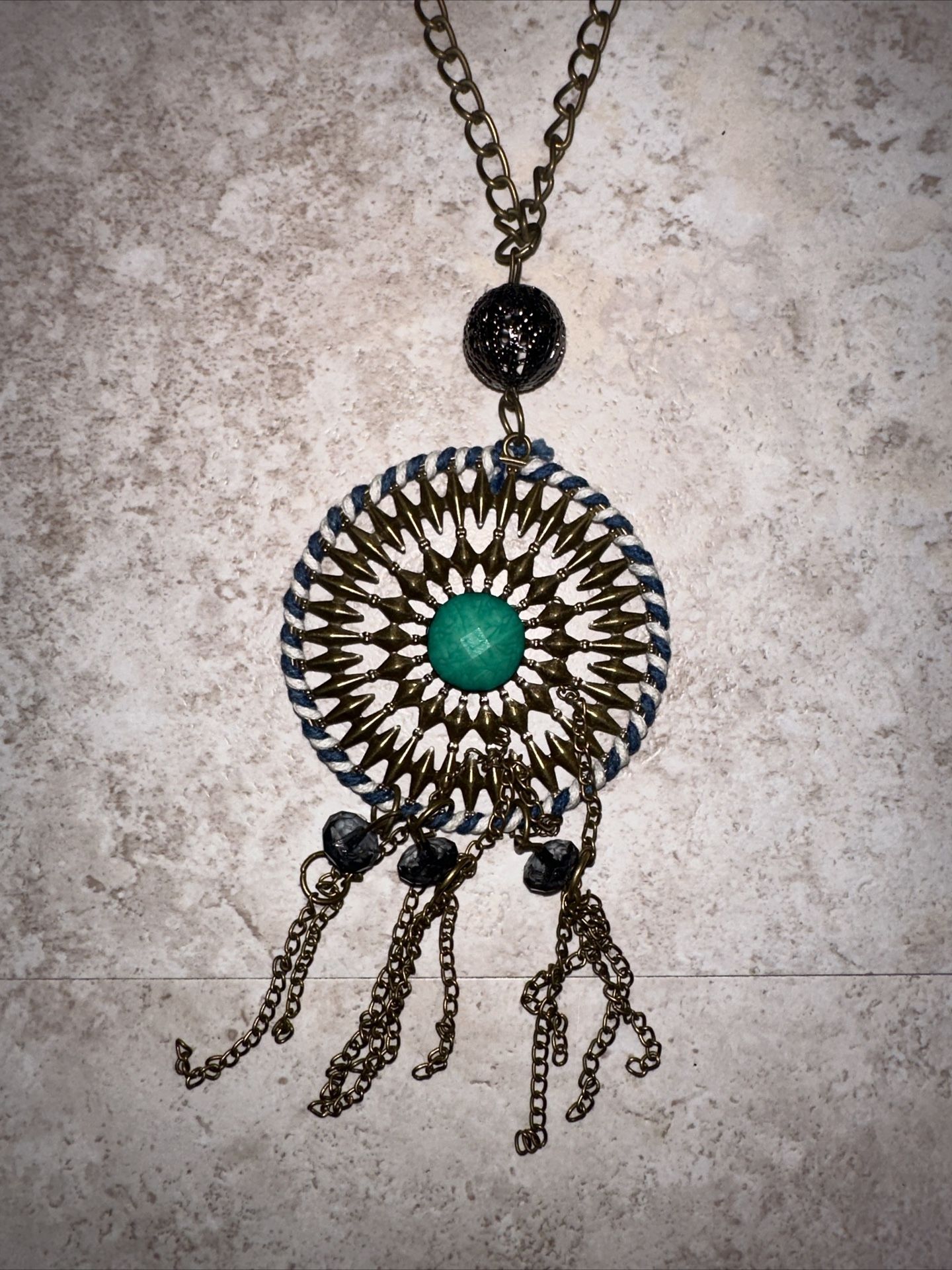 Bronze Tone Turquoise And Blue Circle Sun Pendant Sphere Ball Tassels Necklace