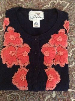Tabitha Anthropologie navy blue cardigan w/ coral orange floral embroidery, size small. Excellent