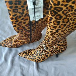 ZARA LEOPARD PONY SKIN COW FUR LEATHER HEELED KNEE BOOTS 2001/410