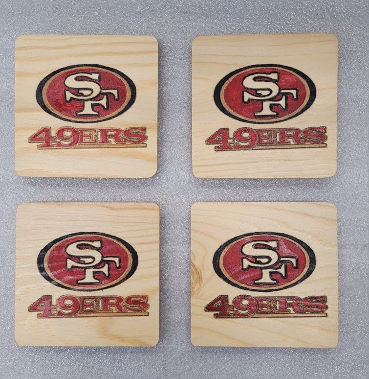 4" x 4" x 1/4" Square Wood Coasters, Laser Burned, Hand Painted Sports Team (set of 4)