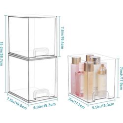 (J) 7.6" H Clear Stackable Storage Drawers, 2 Pack Plastic Organizers Bins for Skincare, Cosmetics,Beauty Supplies,Ideal for Vanity, Bathroom,Kit