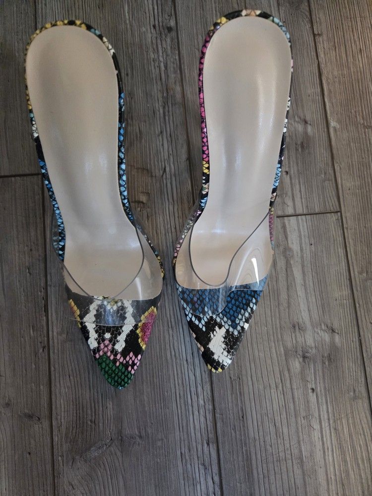 multicolor rainbow snake print clear strap pointed open toe heels size7