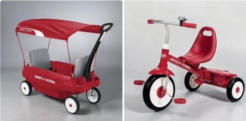 Red Radio Flyer Deluxe Family Canopy Wagon $75, matching Tricycle $35