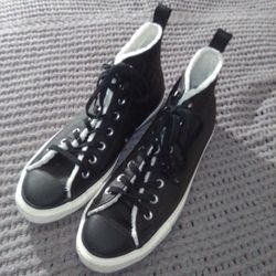 New And Unused CONVERSE ALL-STARS BLACK leather And White Faux Fur 