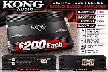 KONG AUDIO 3,000W RMS Mono Block Amplifier – $200 Each