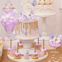 New 22-Piece 3D Purple & Gold Butterfly Birthday Cake & Cupcake Decoration Set