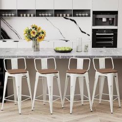 Rotating bar stool set (4 pieces), 30-inch bar height, low back, industrial style metal bar stools with large wooden seats, suitable for kitchen islan
