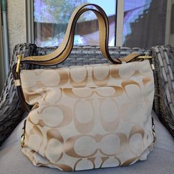 Coach Signature Shoulder Bag Khaki Canvas Duffle with Gold Leather Trim