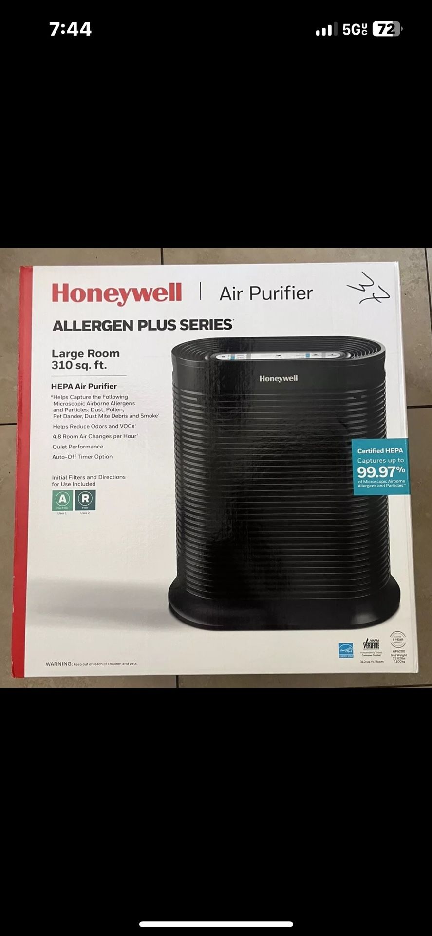 Honeywell HEPA Air Purifier, Large Room (310 sq.ft), HPA200, Black