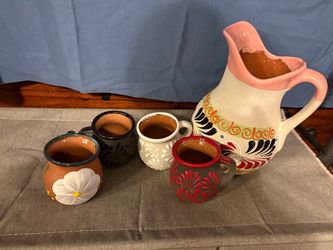 Home decor -Hand-Painted Pitcher and Mugs Set Used as decorative pieces for Kitchen Bar